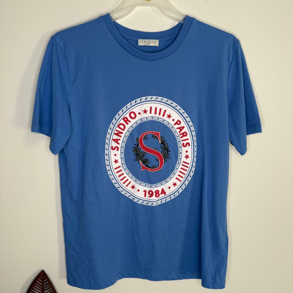 Sandro Paris Blue Graphic Crest T-Shirt Paris 1984 Logo Size 3 Large